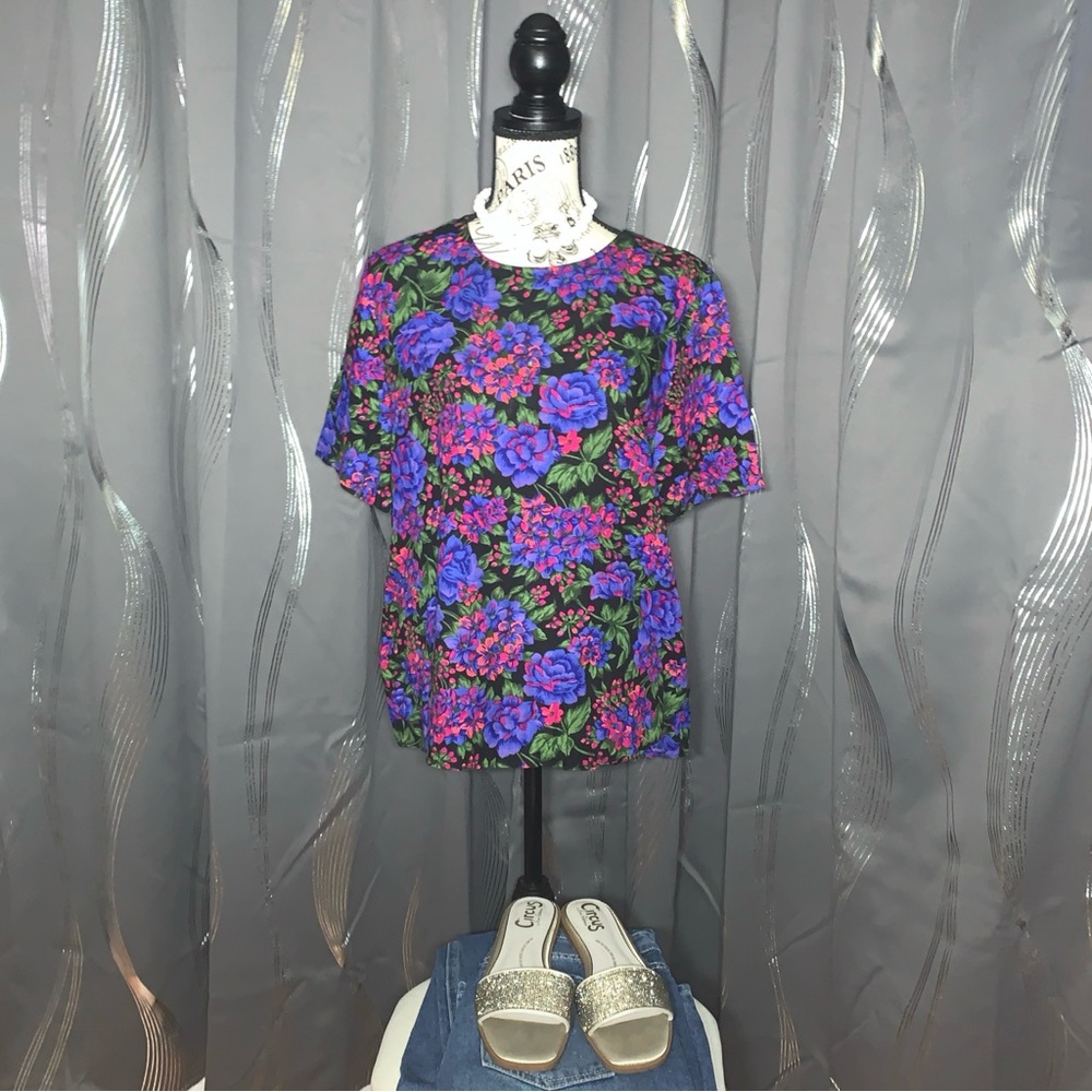 Vintage Norton Mcnaughton Blouse Short Sleeve Purple Floral Size 10